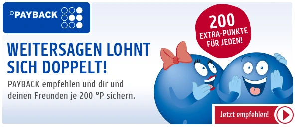 PAYBACK empfehlen und dir und deinen Freunden 200 Punkte sichern. Weitersagen lohnt sich.