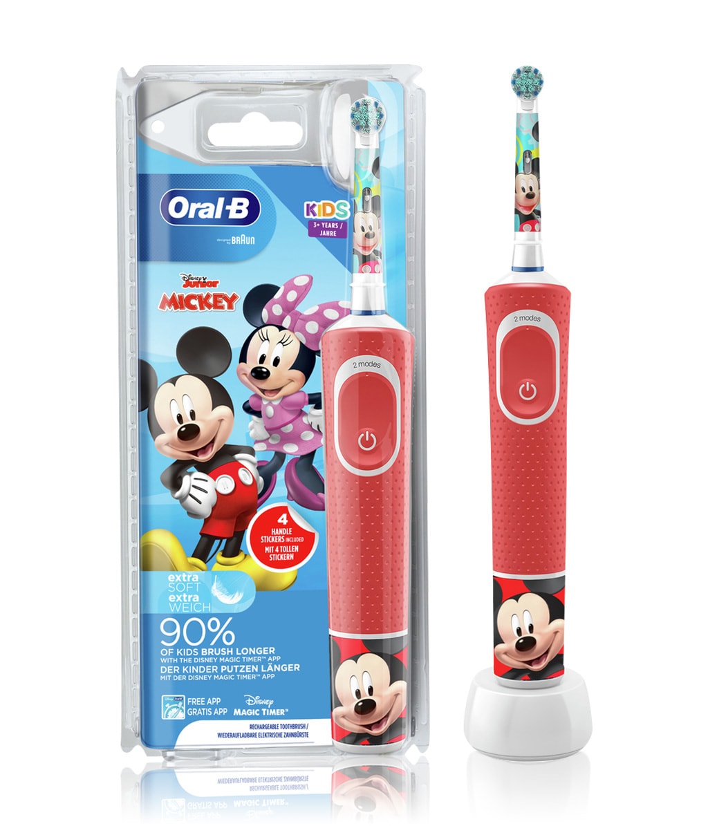 Artikel klicken und genauer betrachten! - Oral-B Kids Mickey Elektrische Zahnbürste für Kinder ab 3 Jahren, extra weiche Borsten, 2 Putzprogramme inkl. Sensitiv, Timer, 4 Mickey-Sticker, rot | im Online Shop kaufen