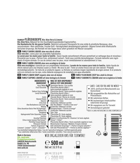 Sante Aloe&Limone Flüssigseife 500 ml 4055297149426 pack-shot_de