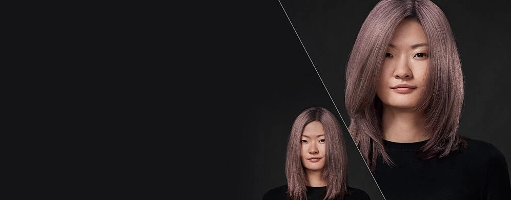 dyson Chitosan bei flaconi entdecken Frau mit gestylten violett schimmernden Haaren