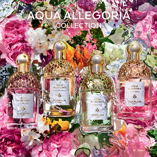 Guerlain Aqua Allegoria Duft Flakons und Blumen