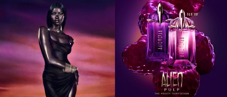 Modello con bottiglie di profumo Mugler
