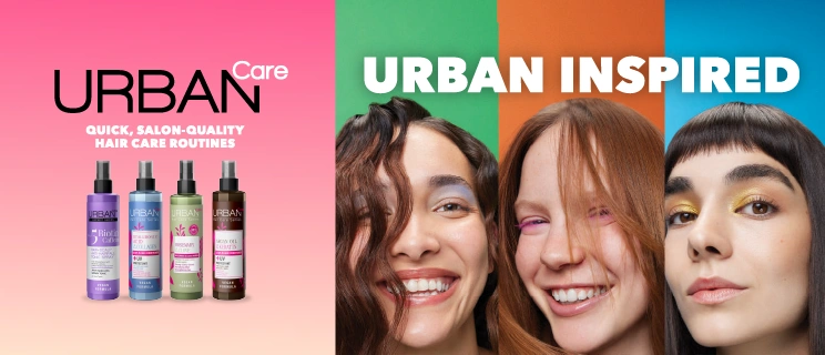 Ein farbenfrohes Werbebanner zeigt vier Haarpflegeprodukte von „URBAN Care“ neben Porträts von drei lächelnden Frauen mit verschiedenen Frisuren unter dem Slogan „URBAN INSPIRED“.   